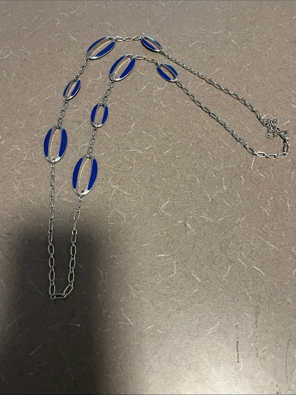 Silver Chain Necklace with Blue Oval Enamel Accents 18-20” fully clasped